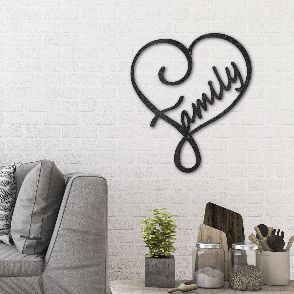 Family inside a heart metal wall art sign hanging on the wall in the color black