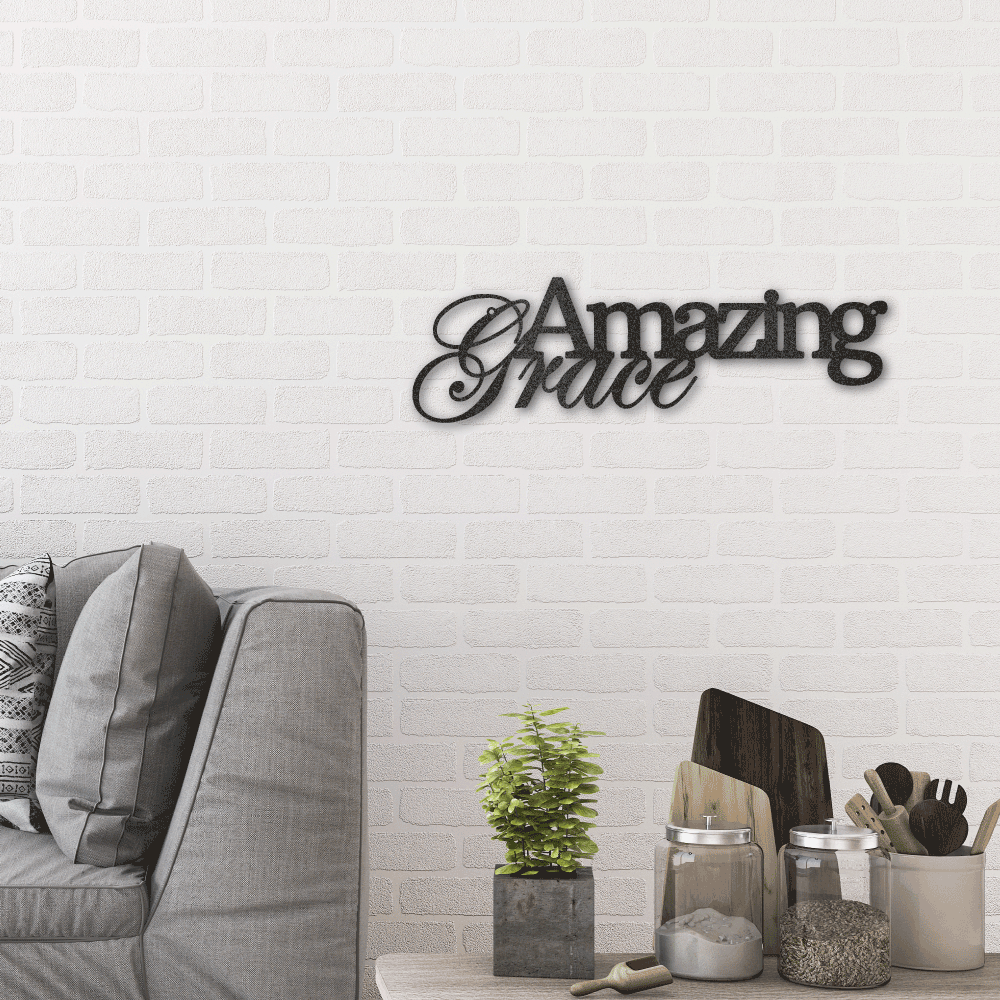 Metal Wall Art Design of the phrase 'Amazing Grace' as modern home decor. Available in the color black. Hanging on the wall in the living room
