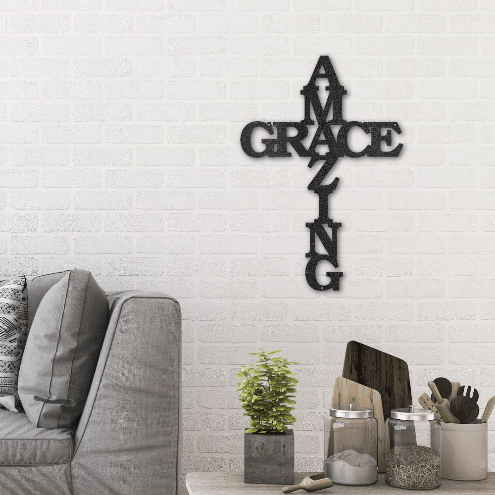 Cross shaped metal wall art design with the words Amazing Grace for everyone who has faith. Hanging on the wall in the living room