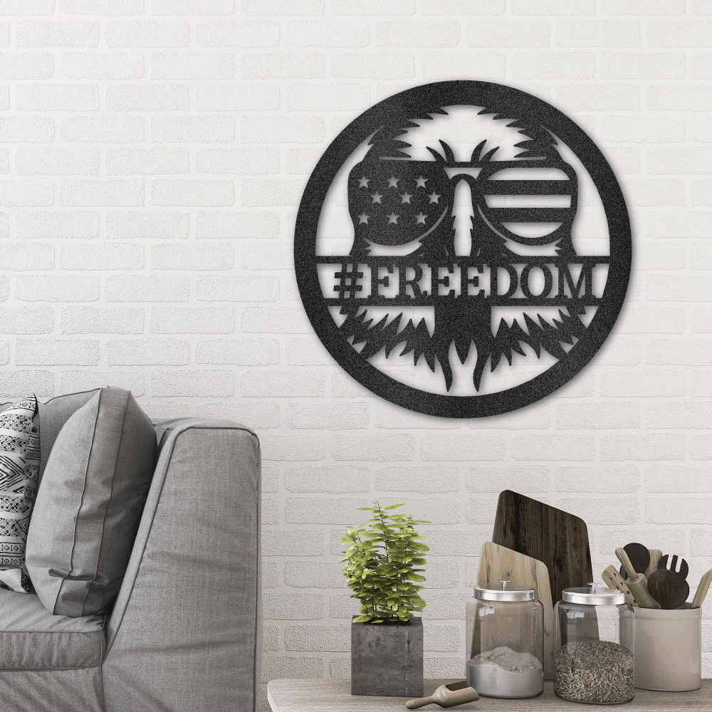 Patriotic American Metal Wall Art Steel Sign of a American Eagle with Sunglasses and the American Flag. Personalize it with 16 characters of your own name or text. Hanging on the wall in the Living room as home decor