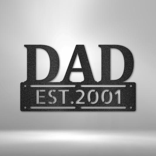 Personalized metal wall art sign of the word DAD in bold writing. You can personalize the row underneath it with a name or date. Use this as a gift for Father's Day. This picture shows the design in the color black