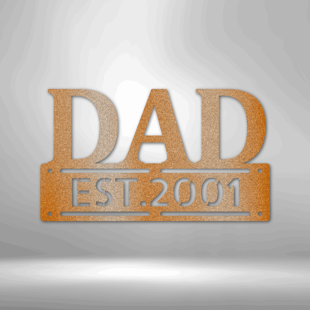 Personalized metal wall art sign of the word DAD in bold writing. You can personalize the row underneath it with a name or date. Use this as a gift for Father's Day. This picture shows the design in the color copper