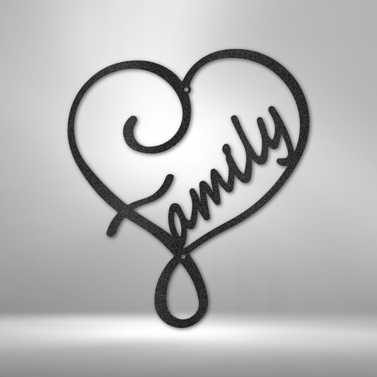 Family inside a heart metal wall art sign hanging on the wall in the color black