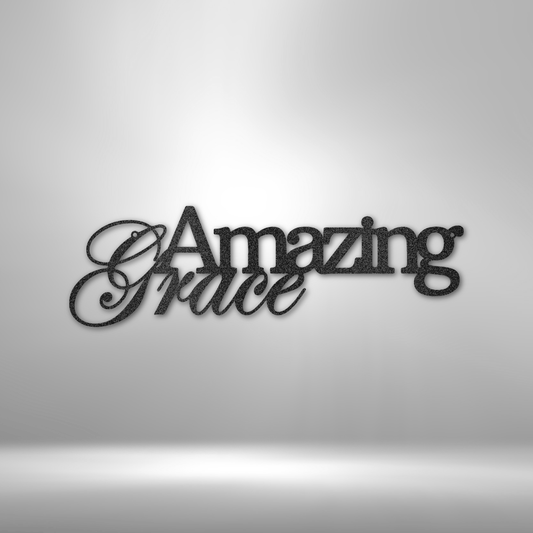 Metal Wall Art Design of the phrase 'Amazing Grace' as modern home decor. Available in the color black
