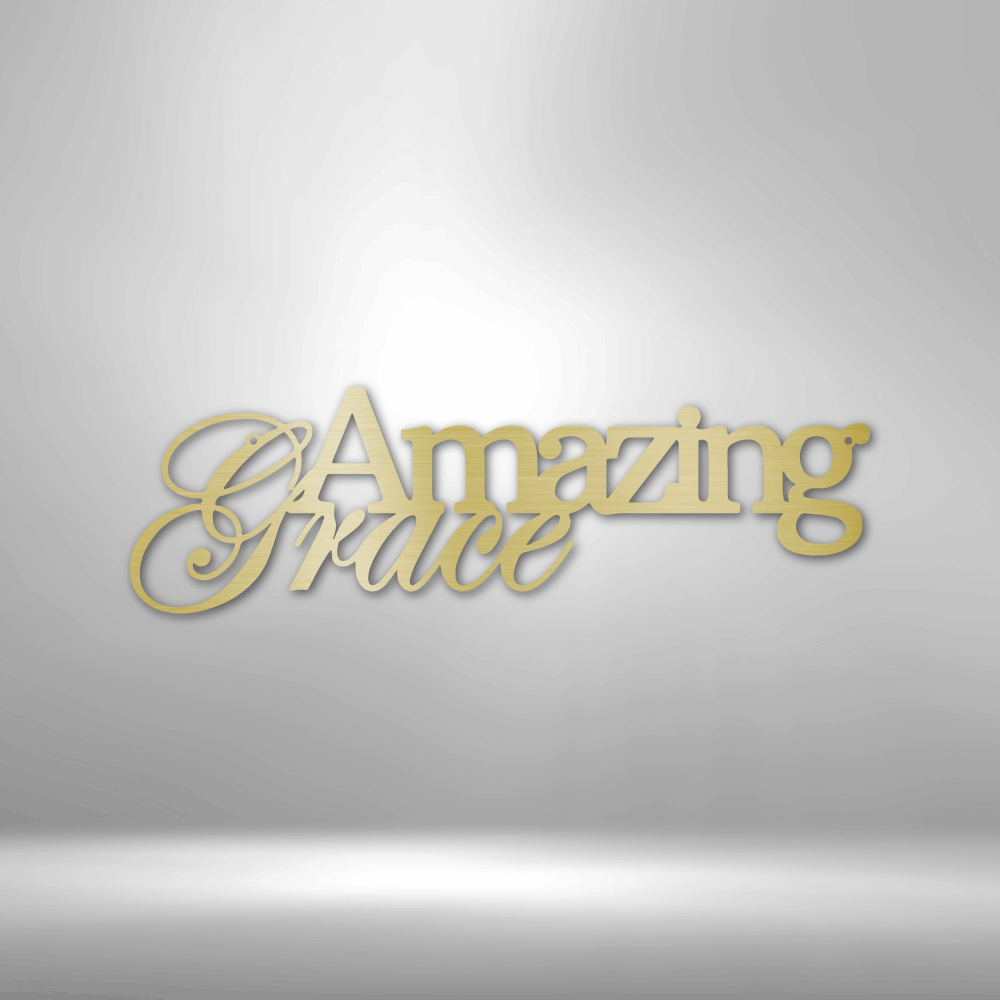 Metal Wall Art Design of the phrase 'Amazing Grace' as modern home decor. Available in the color gold