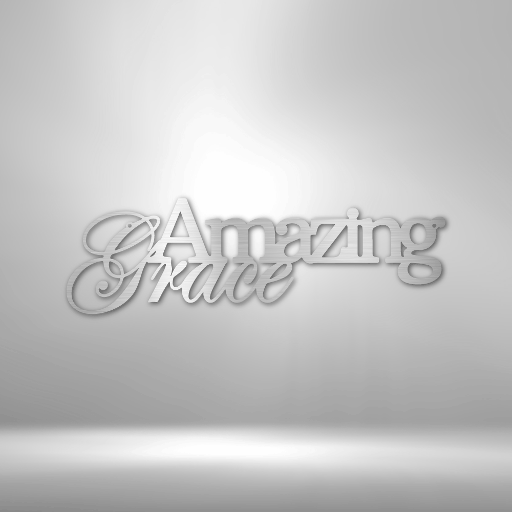 Metal Wall Art Design of the phrase 'Amazing Grace' as modern home decor. Available in the color silver