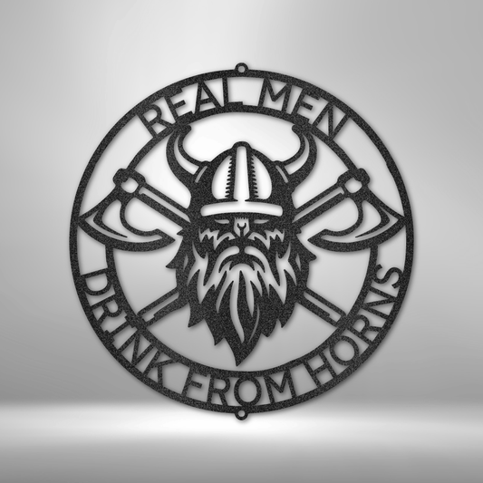 Metal wall art home decor steel sign of a viking with two axes, surrounded with custom text in a circle. Hang this on your wall. This picture show this design in the color black