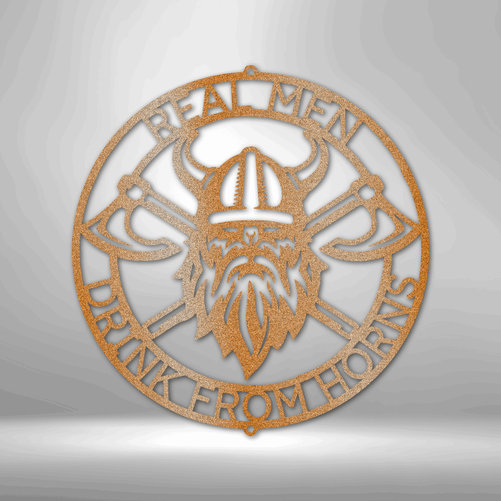 Metal wall art home decor steel sign of a viking with two axes, surrounded with custom text in a circle. Hang this on your wall. This picture show this design in the color copper