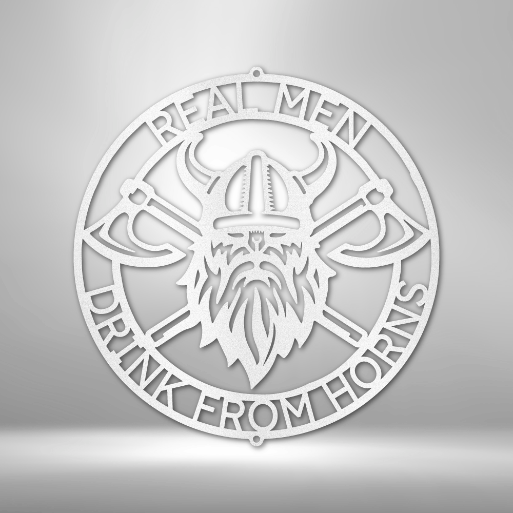Metal wall art home decor steel sign of a viking with two axes, surrounded with custom text in a circle. Hang this on your wall. This picture show this design in the color white