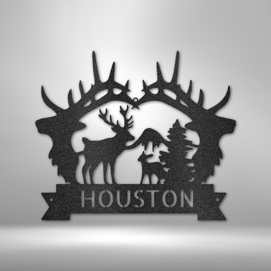 Metal wall art sign of 2 deer heads and a deer scenery. Personalize this design with your own custom name or message. This picture show the design in the color black