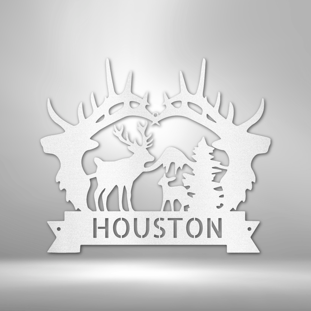 Metal wall art sign of 2 deer heads and a deer scenery. Personalize this design with your own custom name or message. This picture show the design in the color white