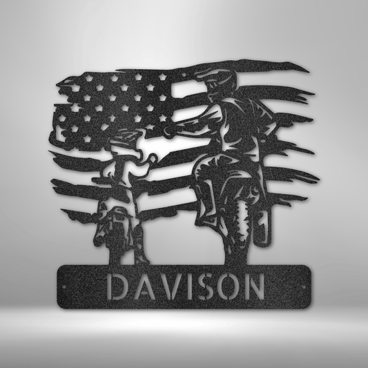 Metal wall sign of a motocross father and child on top of a custom name with the American flag as backdrop.