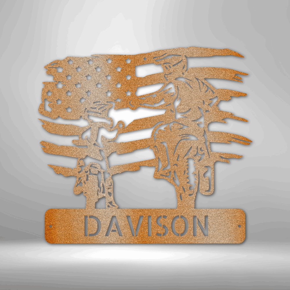 Metal wall sign of a motocross father and child on top of a custom name with the American flag as backdrop in the color copper