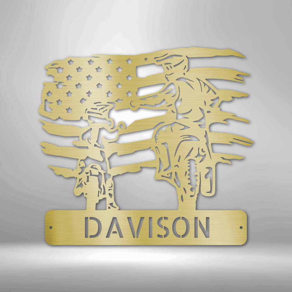 Metal wall sign of a motocross father and child on top of a custom name with the American flag as backdrop in the color gold