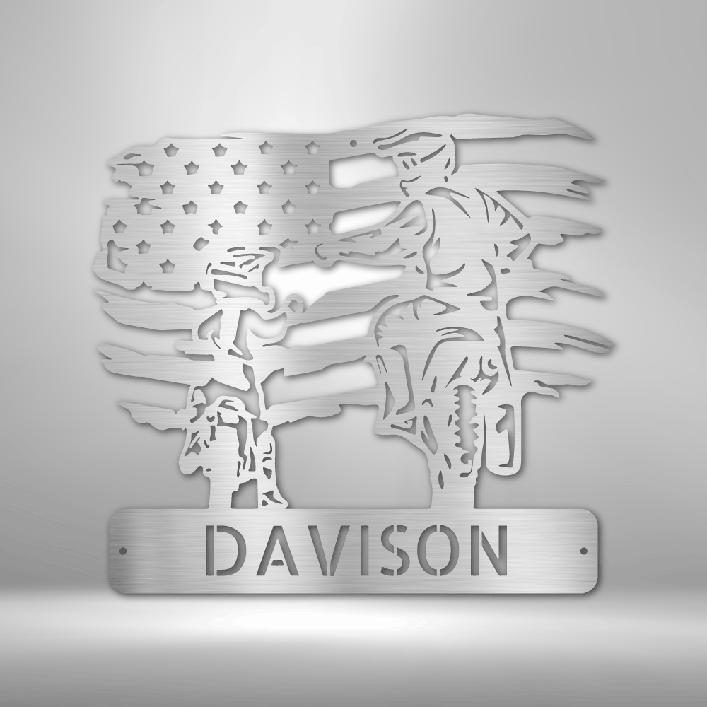 Metal wall sign of a motocross father and child on top of a custom name with the American flag as backdrop in the color silver