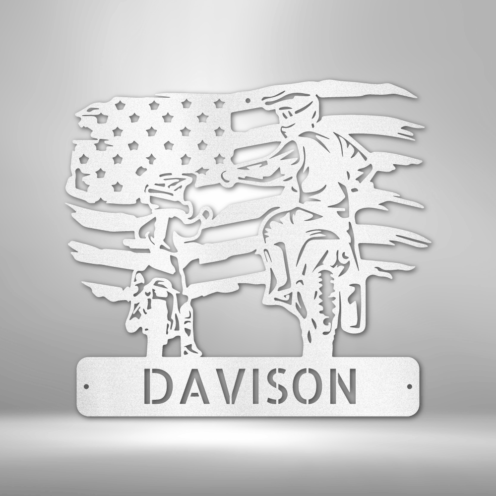 Metal wall sign of a motocross father and child on top of a custom name with the American flag as backdrop in the color white