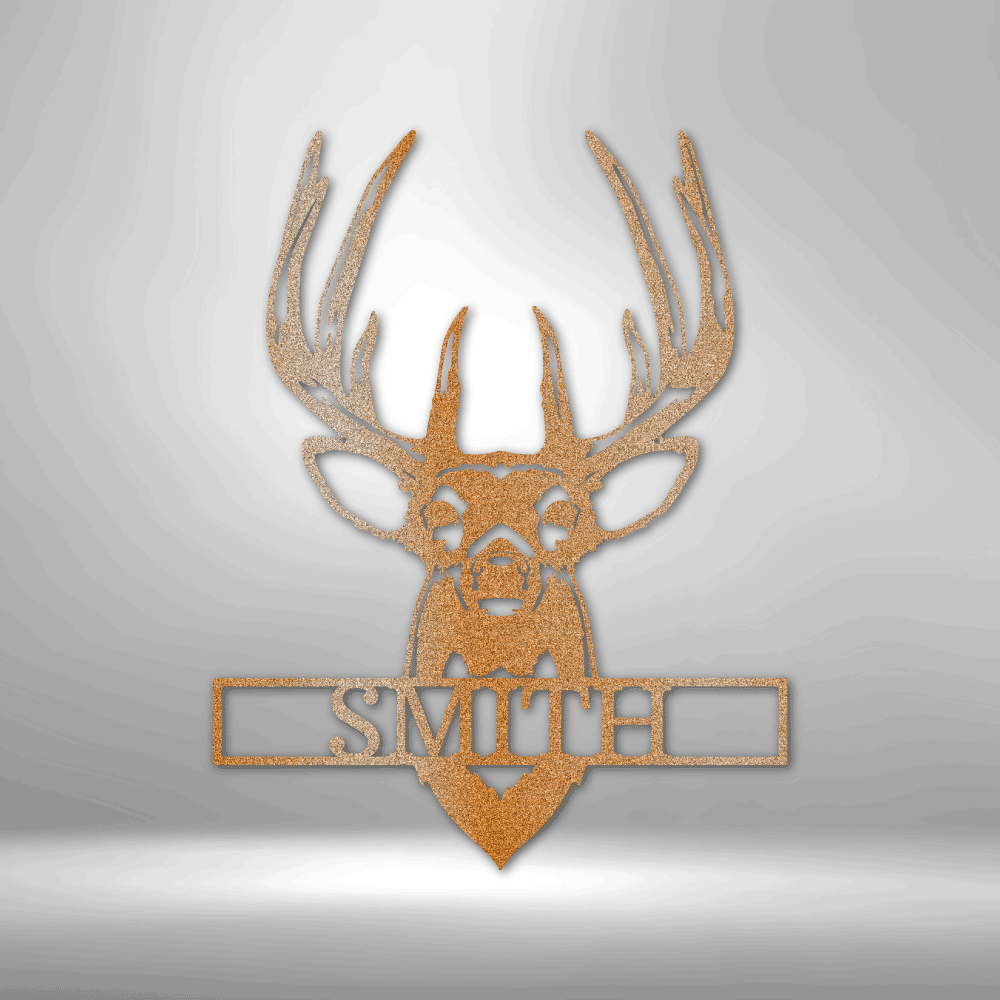 Head of a Buck with a name inside of it in the color copper