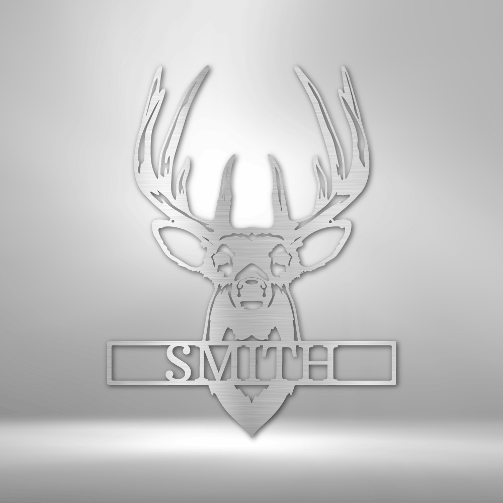 Head of a Buck with a name inside of it in the color silver