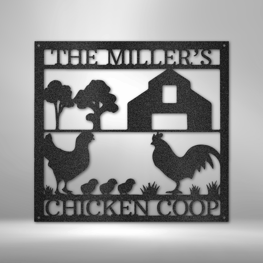 Metal wall art sign of a chicken coop that you can personalize with your own name or text and hang on your wall as home decor. This picture shows the farm style design in the color black