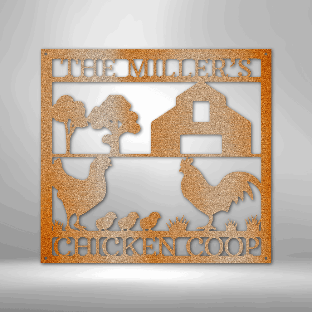 Metal wall art sign of a chicken coop that you can personalize with your own name or text and hang on your wall as home decor. This picture shows the farm style design in the color copper