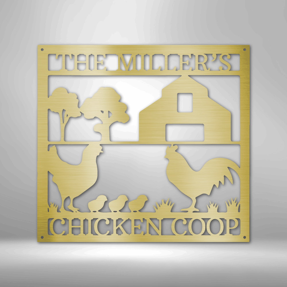 Metal wall art sign of a chicken coop that you can personalize with your own name or text and hang on your wall as home decor. This picture shows the farm style design in the color gold