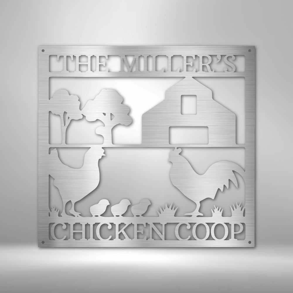 Metal wall art sign of a chicken coop that you can personalize with your own name or text and hang on your wall as home decor. This picture shows the farm style design in the color silver
