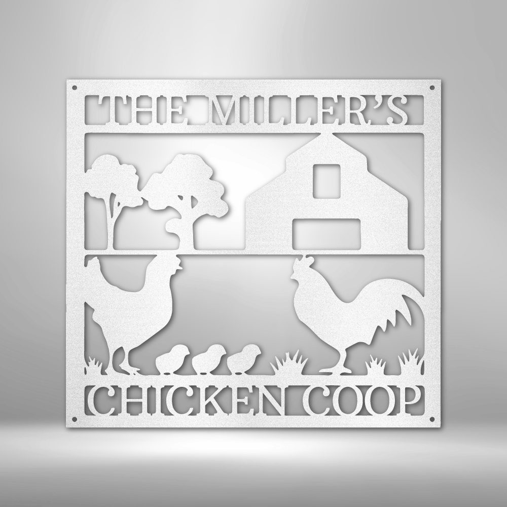 Metal wall art sign of a chicken coop that you can personalize with your own name or text and hang on your wall as home decor. This picture shows the farm style design in the color white