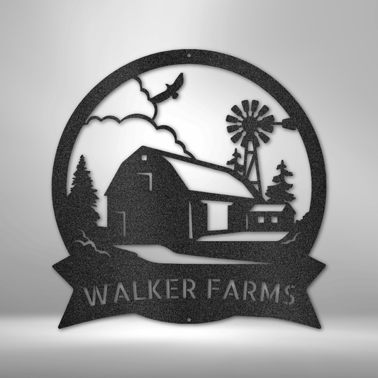 Metal wall art sign of a barn farm house with a custom family name. Hang this as home decor on your wall. The picture shows the custom steel sign in the color black