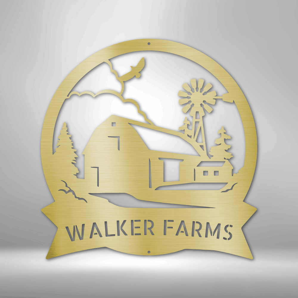 Metal wall art sign of a barn farm house with a custom family name. Hang this as home decor on your wall. The picture shows the custom steel sign in the color gold