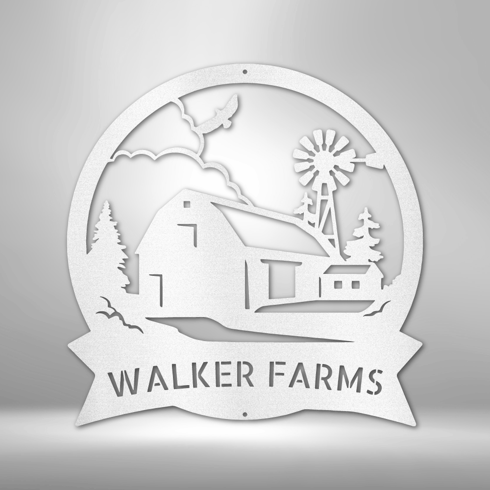 Metal wall art sign of a barn farm house with a custom family name. Hang this as home decor on your wall. The picture shows the custom steel sign in the color white