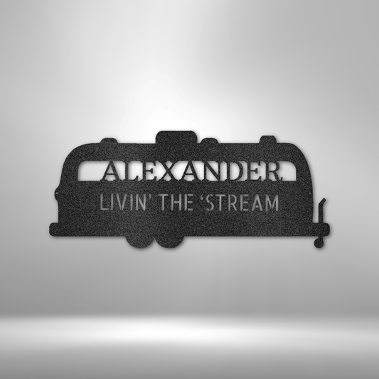 Silhouette of a airstream trailer as a metal wall art piece. Personalize this steel sign with any name or fun text. This metal decor is available in the color black.