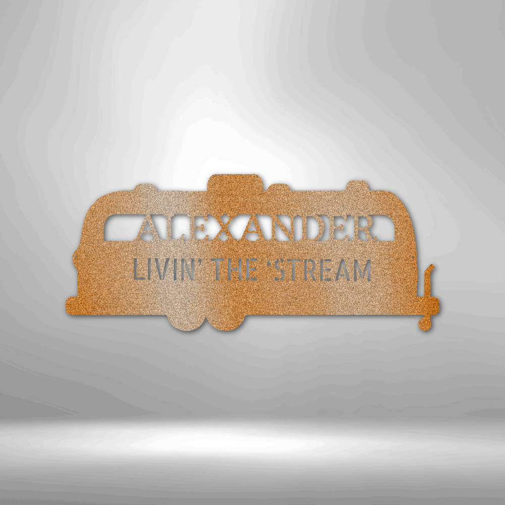 Silhouette of a airstream trailer as a metal wall art piece. Personalize this steel sign with any name or fun text. This metal decor is available in the color copper