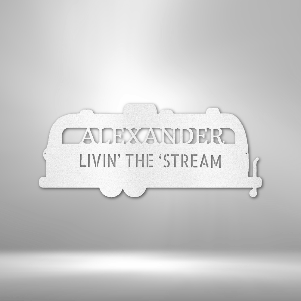 Silhouette of a airstream trailer as a metal wall art piece. Personalize this steel sign with any name or fun text. This metal decor is available in the color white