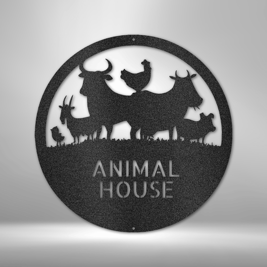 Metal wall art sign of farm animals, a chick , chicken, goat, cow, bull and a pig inside a circle. Personalize this design with your own name or text. Hang it on your wall as home decor. Available in the color black.