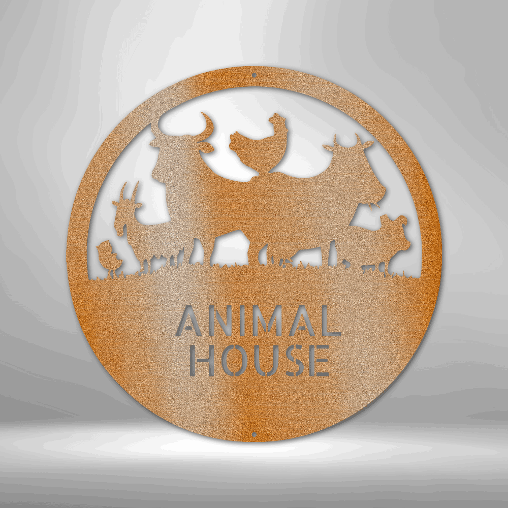Metal wall art sign of farm animals, a chick , chicken, goat, cow, bull and a pig inside a circle. Personalize this design with your own name or text. Hang it on your wall as home decor. Available in the color copper.