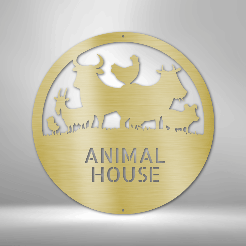Metal wall art sign of farm animals, a chick , chicken, goat, cow, bull and a pig inside a circle. Personalize this design with your own name or text. Hang it on your wall as home decor. Available in the color gold.