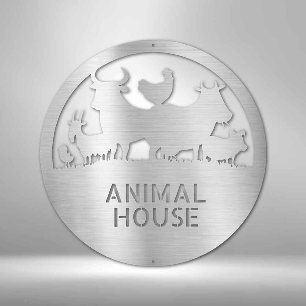Metal wall art sign of farm animals, a chick , chicken, goat, cow, bull and a pig inside a circle. Personalize this design with your own name or text. Hang it on your wall as home decor. Available in the color silver