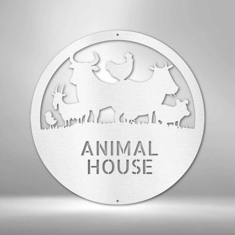 Metal wall art sign of farm animals, a chick , chicken, goat, cow, bull and a pig inside a circle. Personalize this design with your own name or text. Hang it on your wall as home decor. Available in the color white
