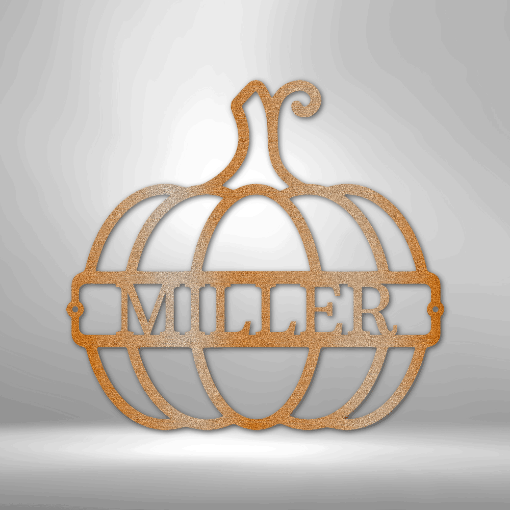 Outline of a pumpkin with a name inside of it as a metal wall art piece in the color copper