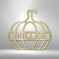 Outline of a pumpkin with a name inside of it as a metal wall art piece in the color gold