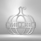 Outline of a pumpkin with a name inside of it as a metal wall art piece in the color silver
