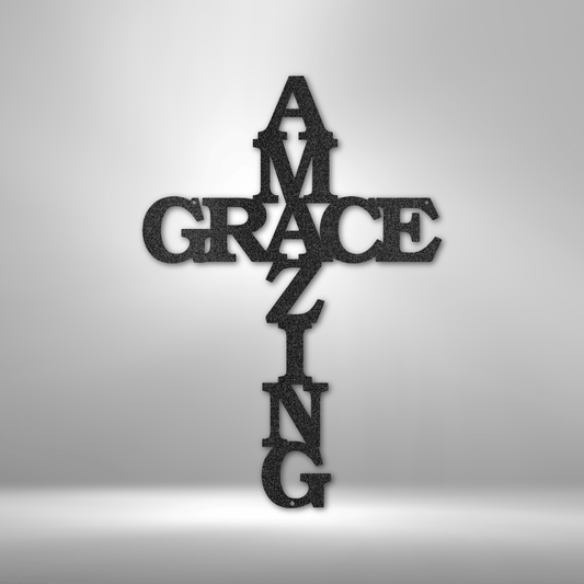 Cross shaped metal wall art design with the words Amazing Grace for everyone who has faith. Hanging on the wall in the color black