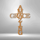 Cross shaped metal wall art design with the words Amazing Grace for everyone who has faith. Hanging on the wall in the color copper