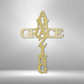 Cross shaped metal wall art design with the words Amazing Grace for everyone who has faith. Hanging on the wall in the color gold