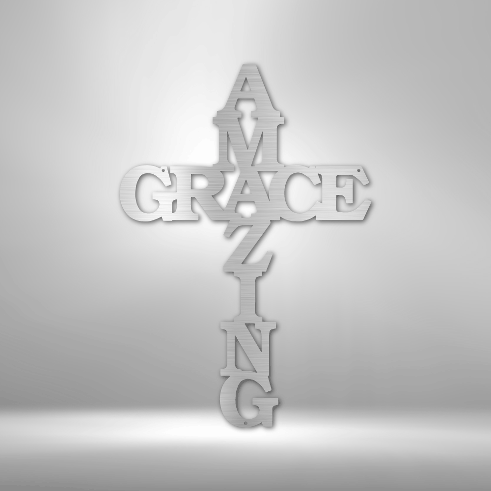 Cross shaped metal wall art design with the words Amazing Grace for everyone who has faith. Hanging on the wall in the color silver