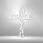 Cross shaped metal wall art design with the words Amazing Grace for everyone who has faith. Hanging on the wall in the color white