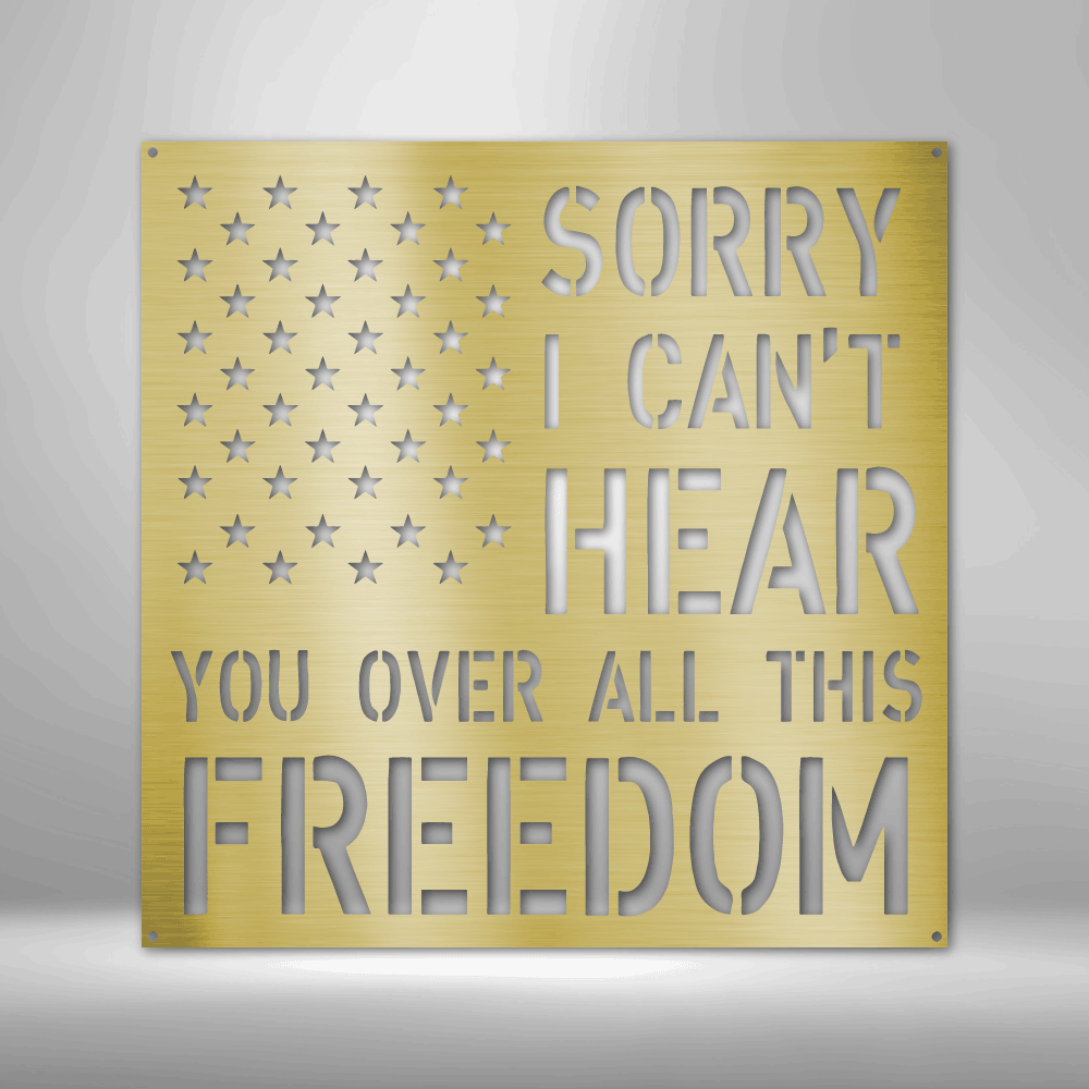 With the American Stars and the 'Sorry I can't hear you over all this freedom' text looking like stripes as its background, this metal wall art is sure to bring your room together. Hang it above a bed or on the wall near a fireplace or next to your favorite patriotic item.
