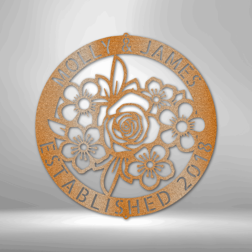 Metal Wall Art Sign of Flowers inside a personalizable ring hanging on the wall in the color copper