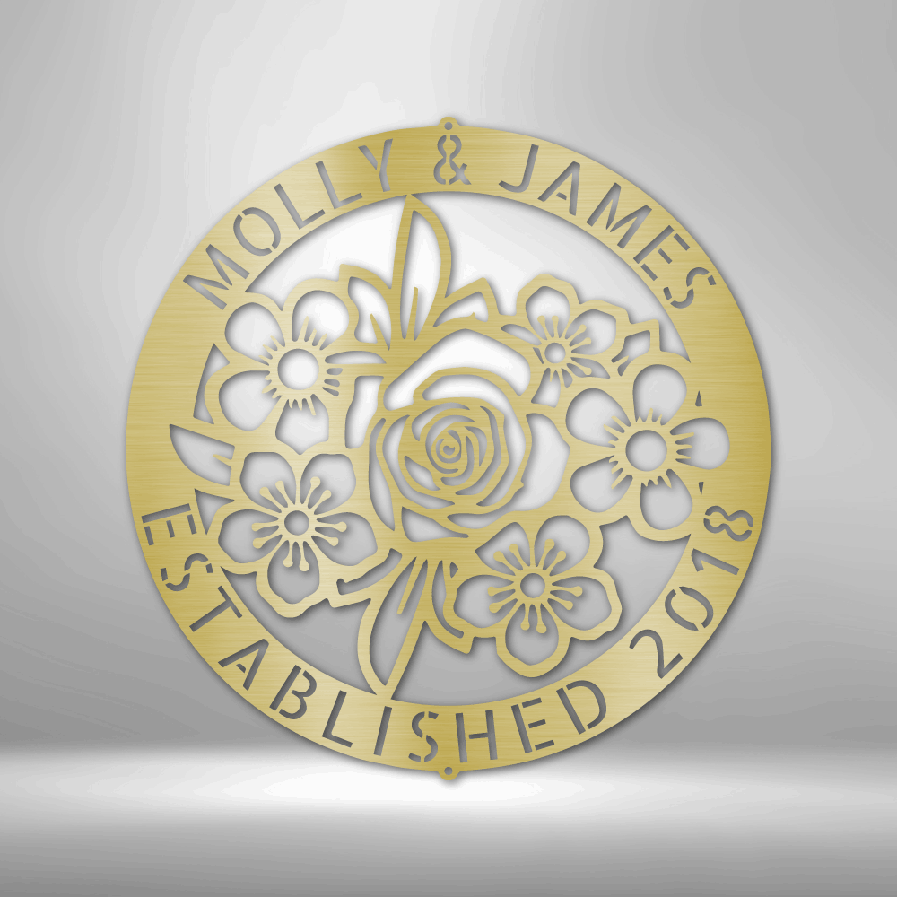 Metal Wall Art Sign of Flowers inside a personalizable ring hanging on the wall in the color gold