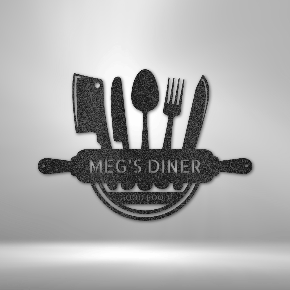 Metal Wall Art Sign with a cooking theme that you can personalize with your own text or names. Hanging on the wall in the color black